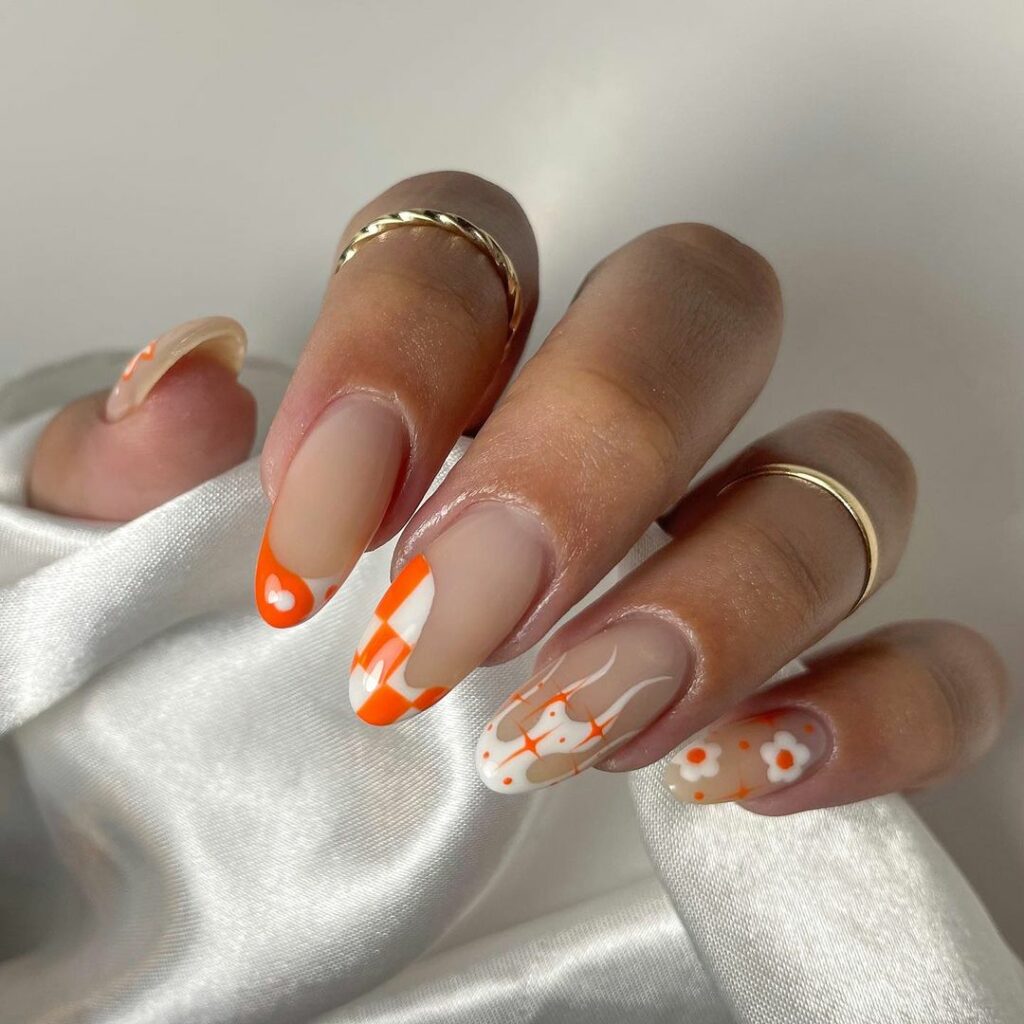 Bring Sunshine with 20 Orange French Tip Nail Designs in 2024 33 Orange And White French Nails With Flame And Daises Design