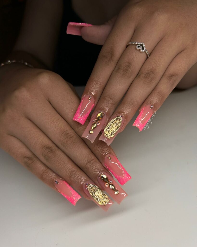 20 Latest Hot Pink French Tip Nails Ideas To Try In 2024! 36 Shimmer Pink V-Cut French Tip Nails With Rhinestones
