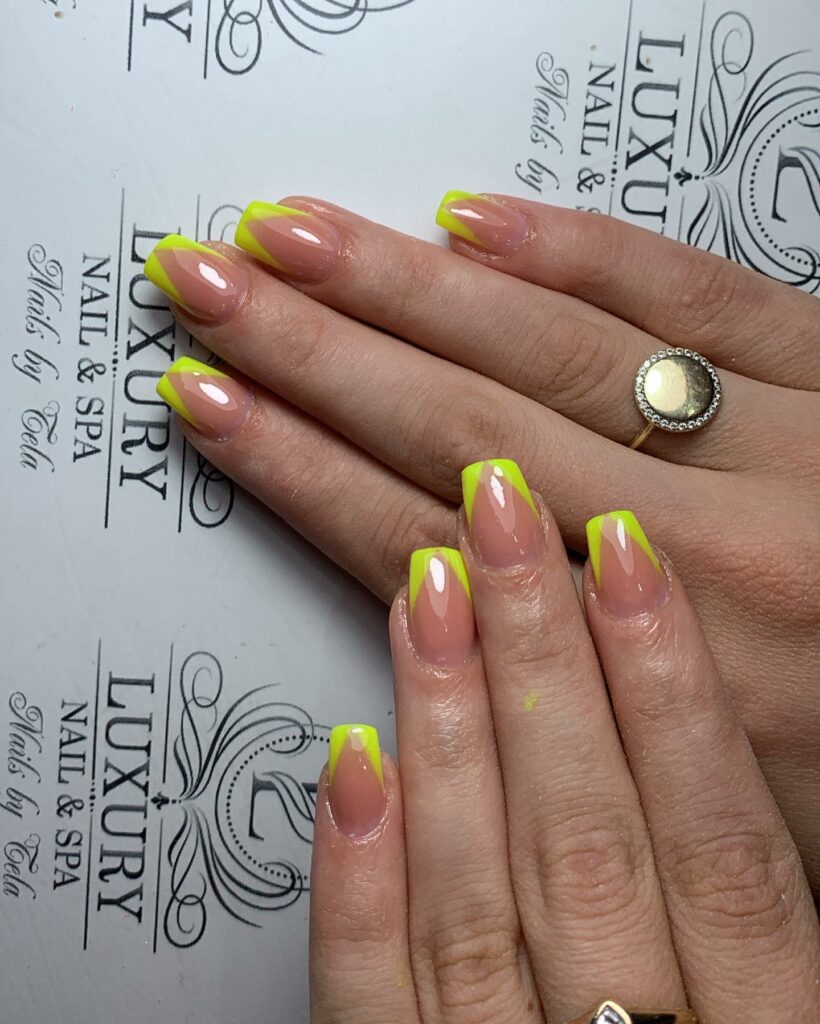 50 Latest V French Tip Coffin Nail Designs To Try In 2024! 31 Neon Yellow V French Tip Nails