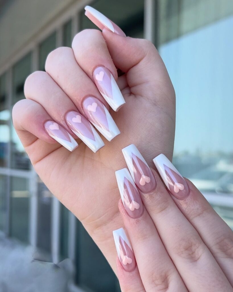 50 Latest V French Tip Coffin Nail Designs To Try In 2024! 32 Shimmer White V French Tip Nails