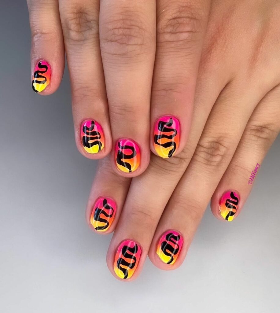 20 Latest Pink And Yellow Nail Ideas To Try In 2024! 13 Pink And Yellow Ombre Short Nails With Snake Design
