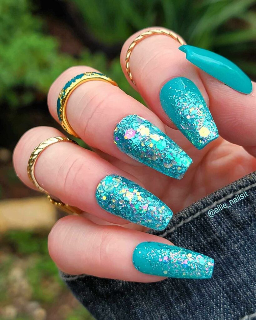 Dive into 60 Turquoise Nail Designs of 2024 16 A Little Sparkle Never Hurt