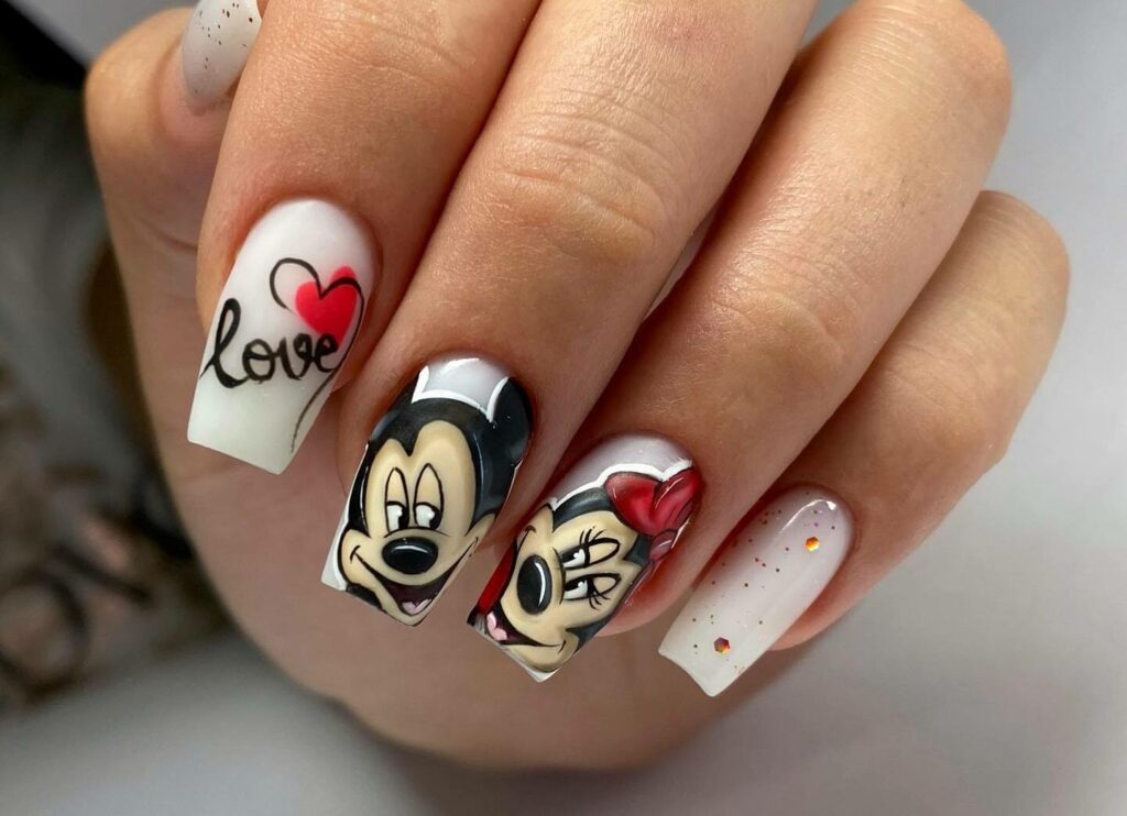 Embrace Childhood with 30 Minnie Mouse Nail Designs in 2024 26 Valentine-Themed Minnie And Mickey White Coffin Nails