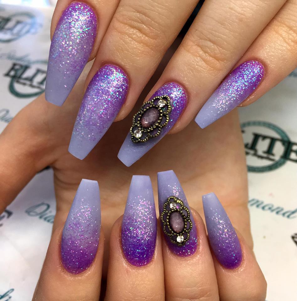 Explore 30 Purple Coffin Nail Designs in 2024 13 Purple Ombre Coffin Nail With Glitters