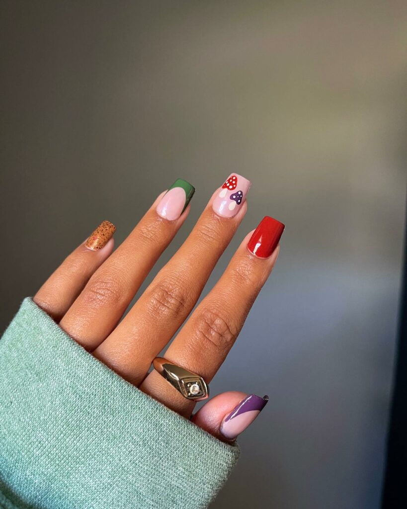 20 Latest Mushroom Nail Designs To Try In 2024! 10 Colorful Square Nails With Mushroom Design