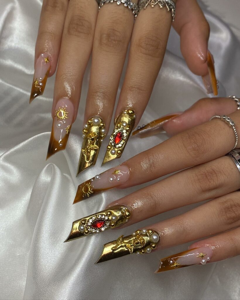 15 Latest Lipstick Shape Nail Ideas To Try In 2024! 18 Gold Lipstick Nails With Pearls