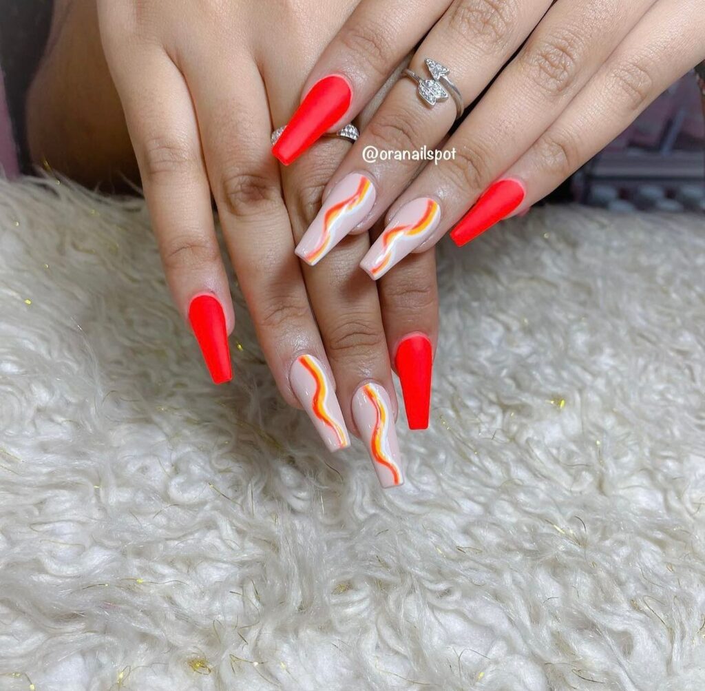 Go Bold with 40 Red Coffin Nail Designs in 2024 32 Red Coffin Nails With Swirl