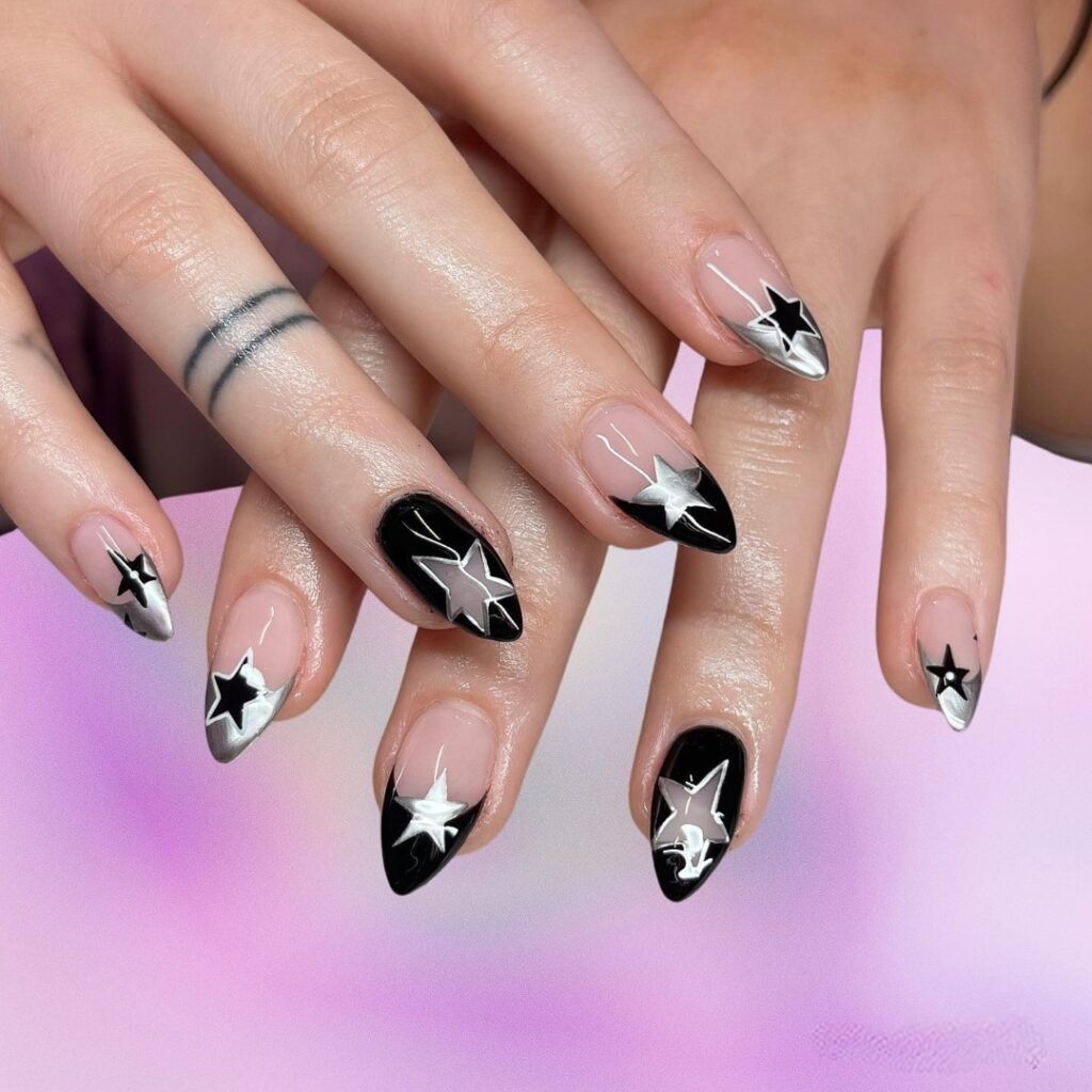 Try 30 Black French Tip Almond Nail Designs of 2024 35 Silver Stars