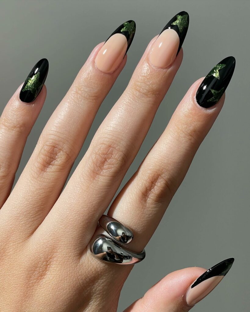 Get Edgy with 30 Green And Black Nail Designs in 2024 21 Green And Black Nails With Glittery Star Design