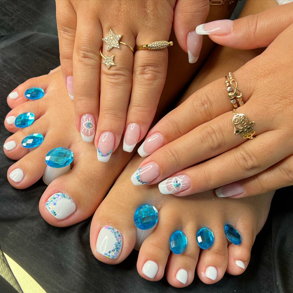 Indulge in 30 Baby Blue Toenail Pedicure Ideas for 2024 37 White Pedicure With Baby Blue Glitters