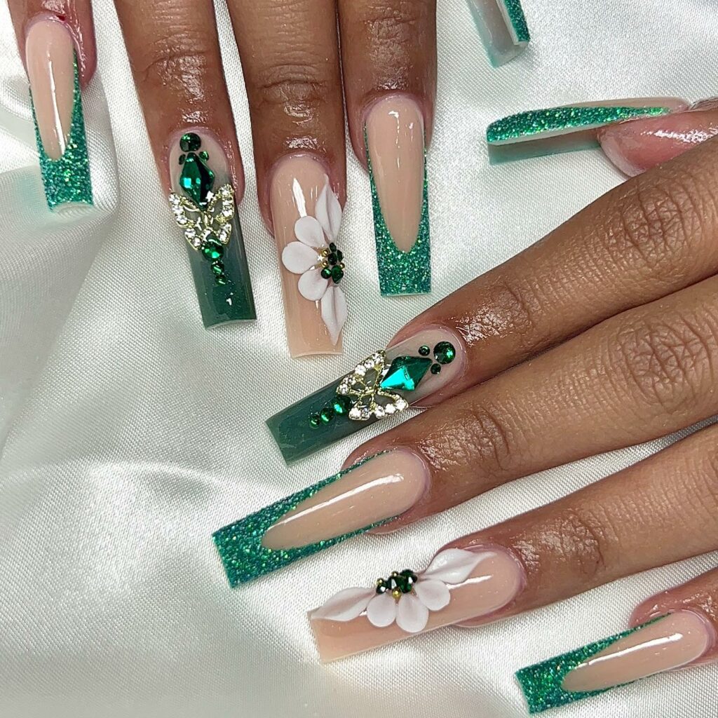50 Latest V French Tip Coffin Nail Designs To Try In 2024! 48 Go Chic With Green & Floral Art