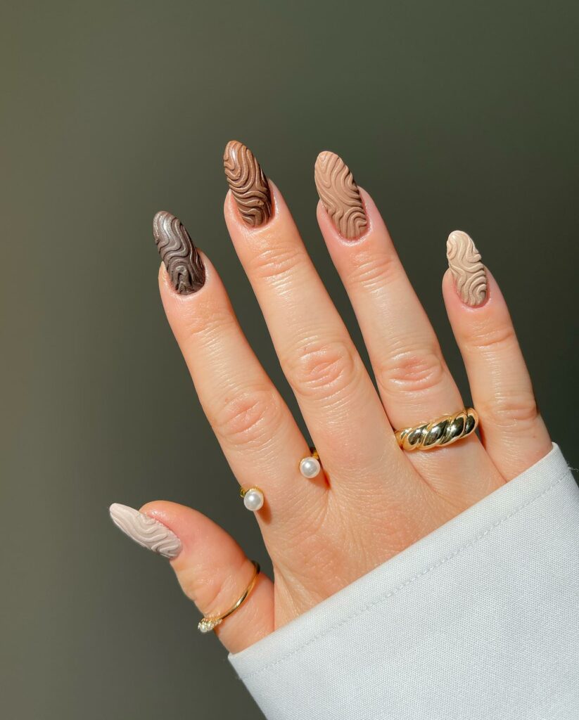 44 Latest Matte Brown Nail Ideas To Try In 2024! 10 Matte Brown Palette Almond Nails With 3D Swirl