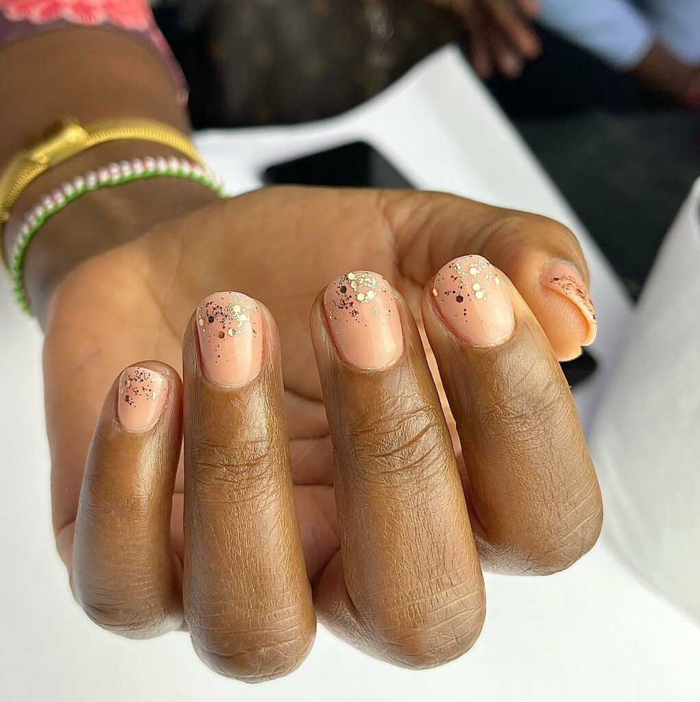 Experiment with 30 Short Square Nail Designs in 2024 43 Gold Glitter Nude Short Square Nails