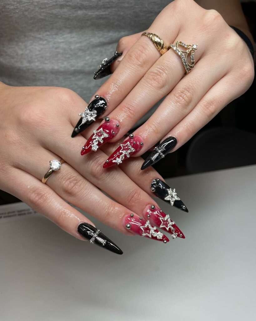 25 Latest Gothic Nail Ideas To Try In 2024! 31 Red And Black Gothic Nails With Stars