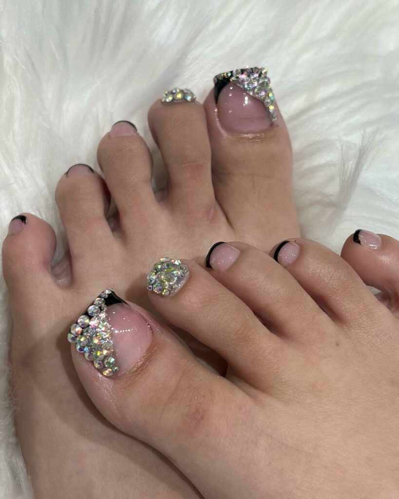 50 LATEST BLACK FRENCH PEDICURE IDEAS TO TRY IN 2024! 44 Black French With Silver Stones