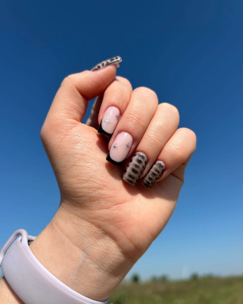30 Latest Snake Nail Designs To Try In 2024! 36 Black Snake Skin French Nails With Stars
