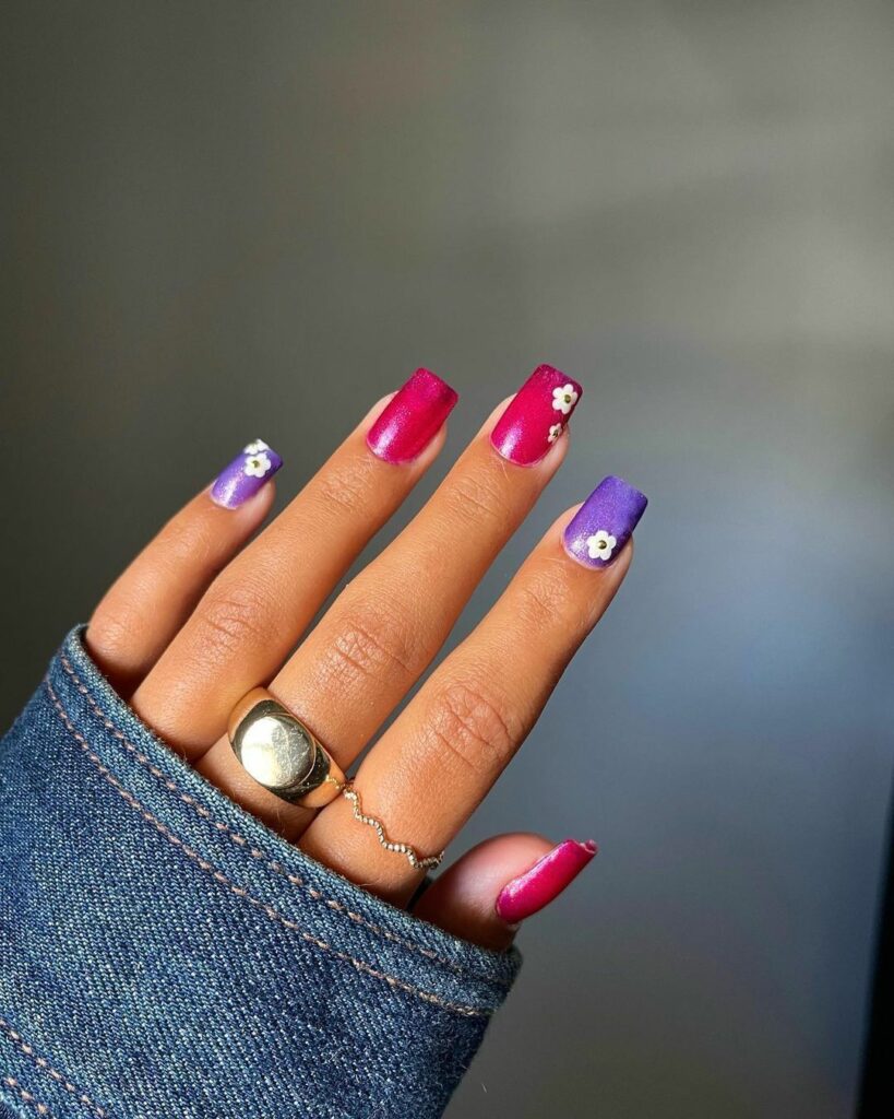 30 Latest Pink And Purple Nail Designs To Try In 2024! 15 Pink And Purple Square Nails With Daises