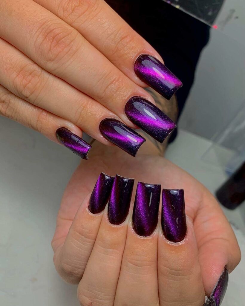 22 Latest Black And Purple Nail Ideas to Try in 2024! 21 Square Shaped Black And Purple Nail With Glitters