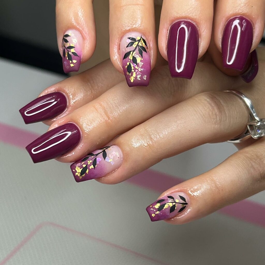 20 Latest Purple And Gold Nail Ideas To Try In 2024! 16 Botanical Dark Purple Coffin Nails With Gold Flakes