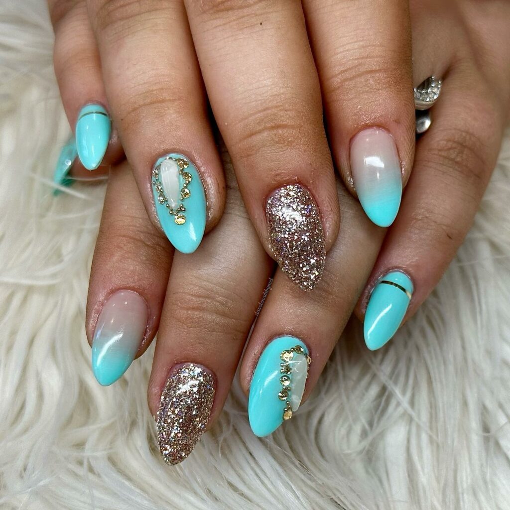 Dive into 60 Turquoise Nail Designs of 2024 38 Almond Elegance