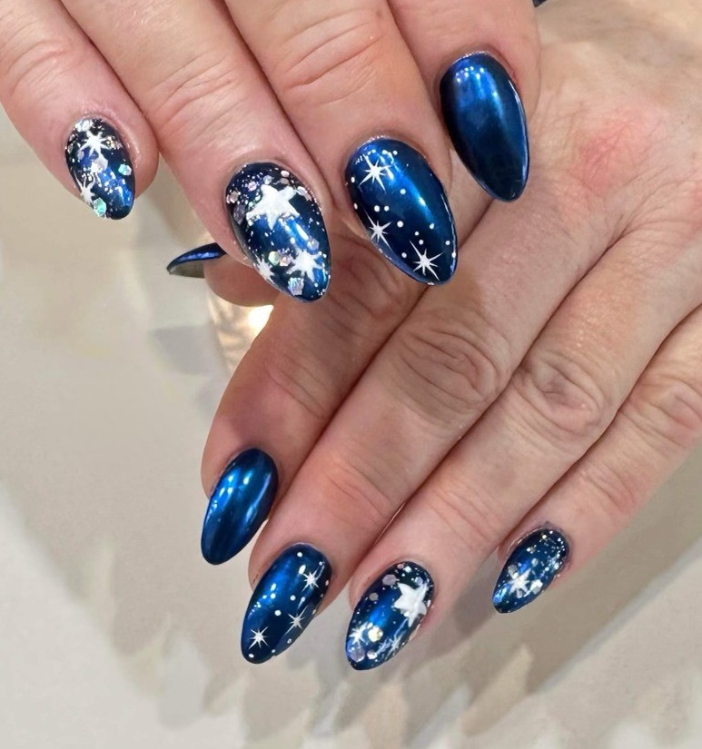 30 Latest Navy Blue Nail Designs To Try In 2024! 34 Stiletto Nails With Cosmic Appeal