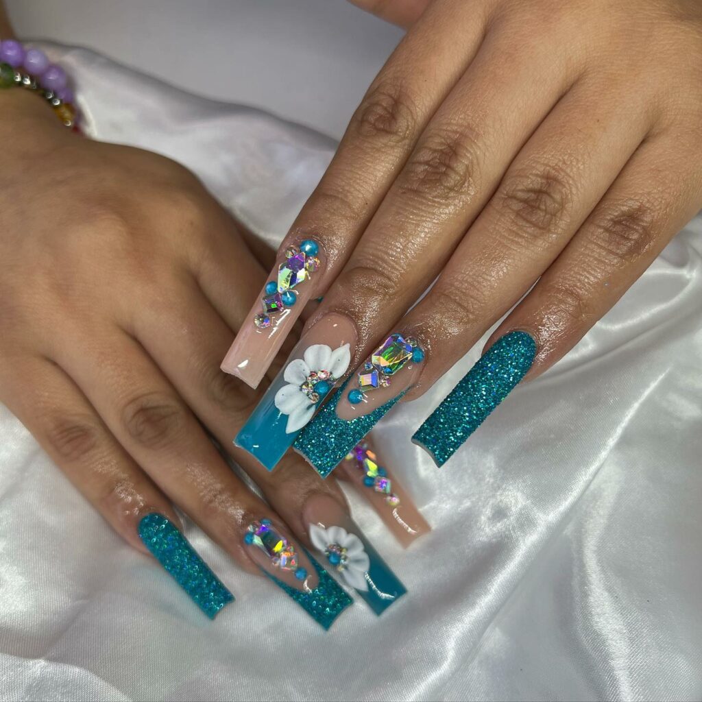 Dive into 60 Turquoise Nail Designs of 2024 42 Blue Glitter Nails