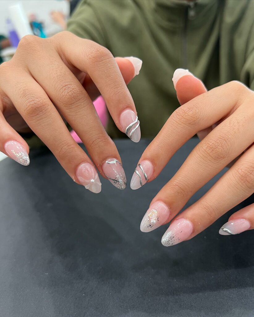 30 Latest Almond French Tip Nail Designs To Try In 2024! 36 Silver Glitter Almond Ombre French Tip Nails