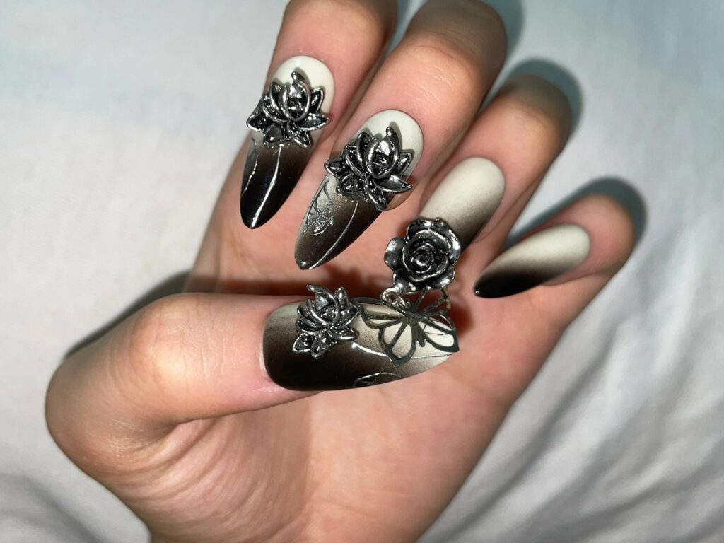 25 Latest Gothic Nail Ideas To Try In 2024! 26 White And Black Ombre Gothic Nails With Rose Design