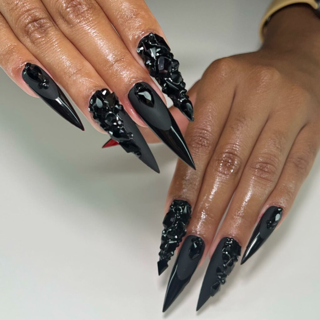 40 Latest Black Stiletto Nail Ideas To Try In 2024! 15 Matte Black Rhinestone Stiletto Nails