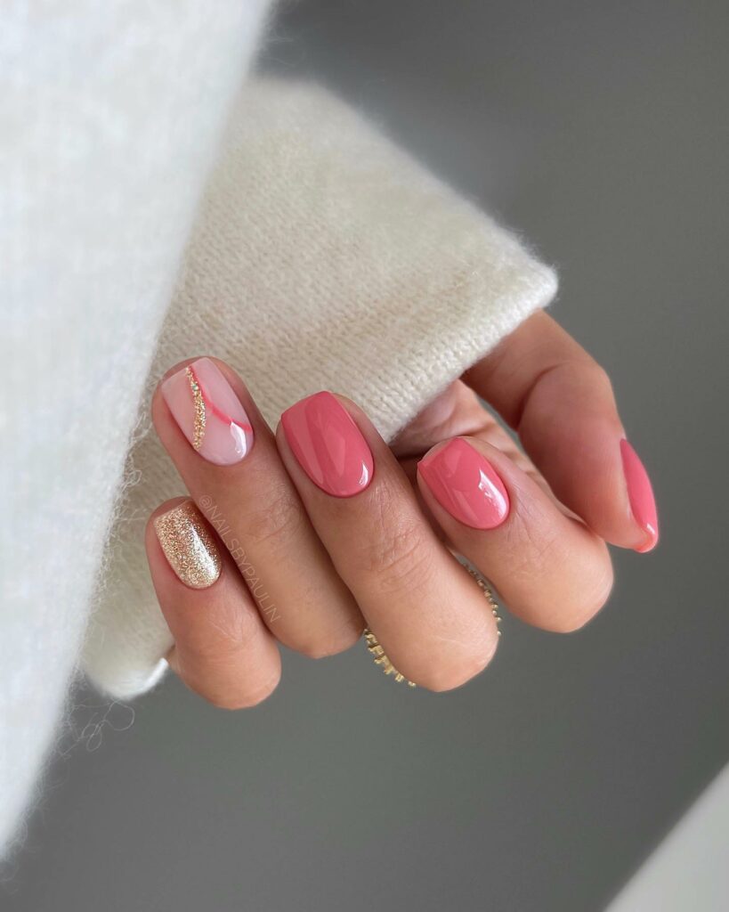 22 Latest Short Pink Nail Ideas To Try In 2024! 11 Glossy Pink Short Nails with Gold Glitters