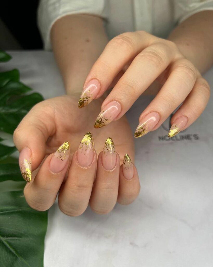30 Latest Almond French Tip Nail Designs To Try In 2024! 34 Gold Ombre Glitter Almond French Nails