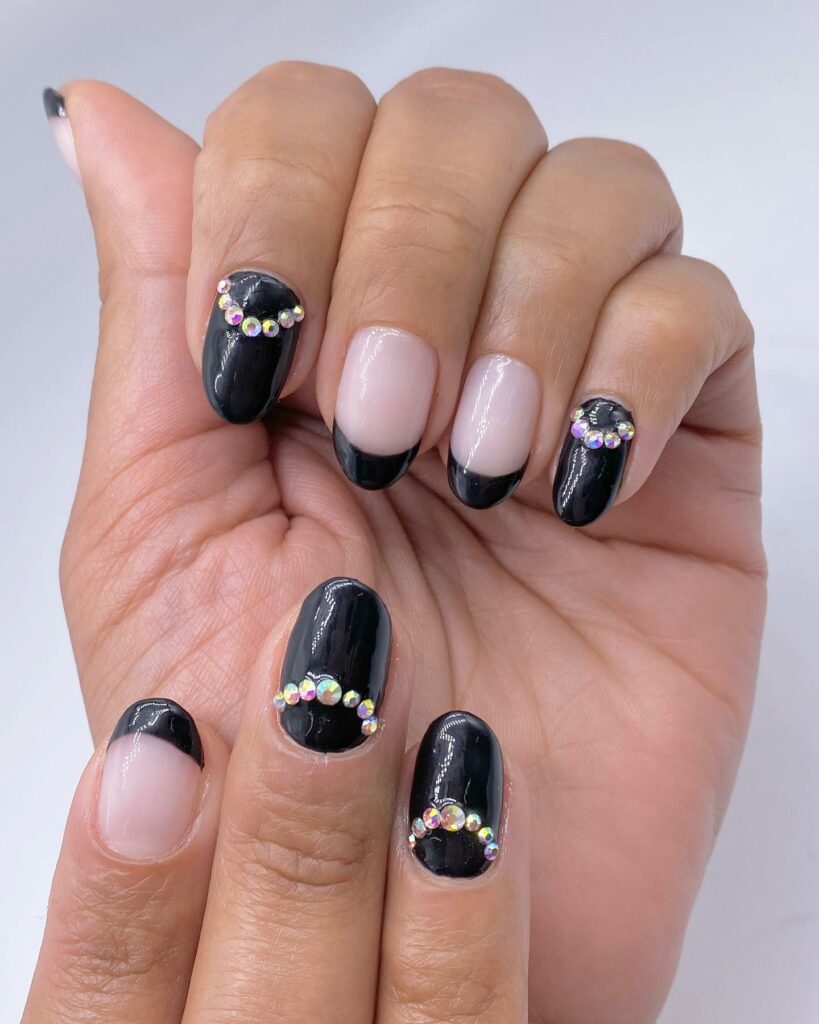 Try 30 Black French Tip Almond Nail Designs of 2024 40 Short Black Gel Nails With Silver Rhinestones