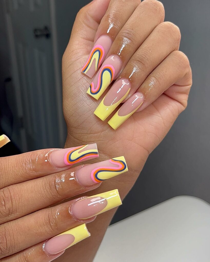 20 Latest Pink And Yellow Nail Ideas To Try In 2024! 24 French Pink And Yellow Nails With Swirl Design