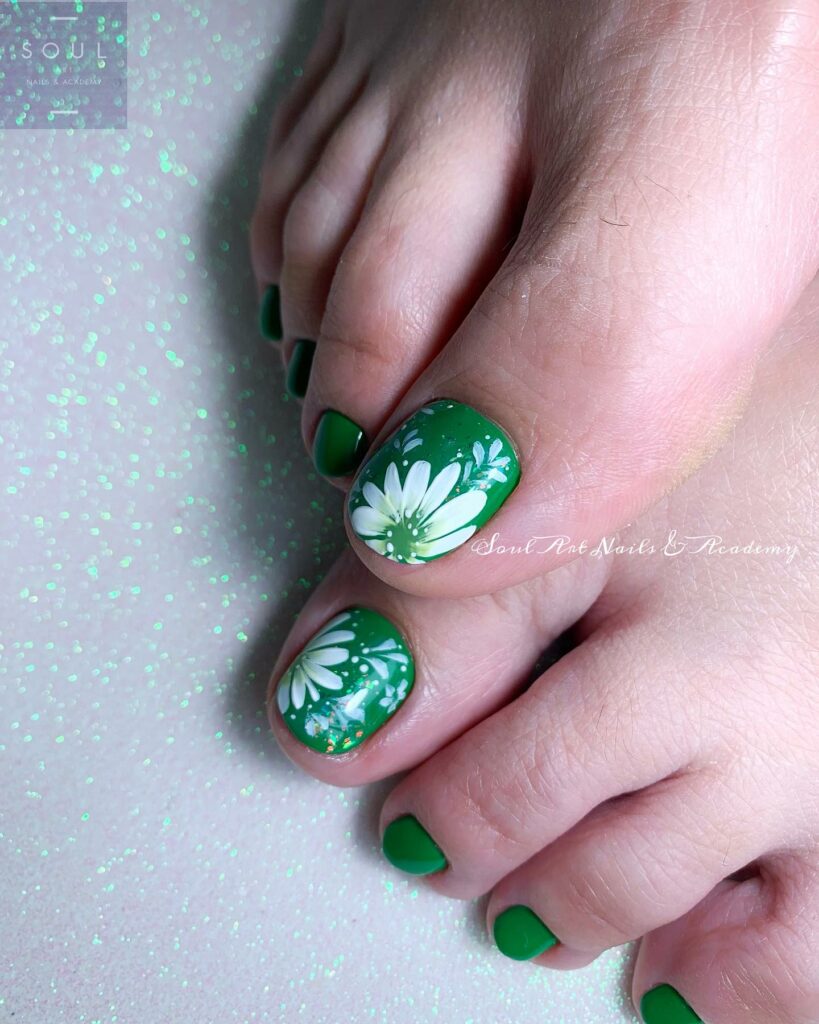40 Latest Dark Green Pedicure Ideas To Try In 2024! 31 Dark Green Pedicure with Daisies