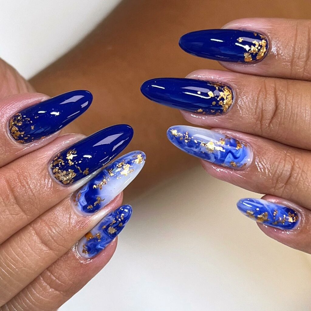 35 Latest Dark Blue Nail Designs To Try In 2024! 26 Gold Sequins And Dark Blue Nails