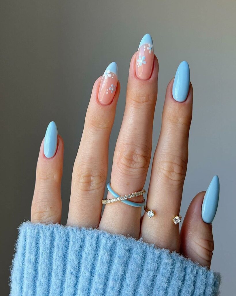 20 Latest Blue Almond Nails Ideas To Try In 2024! 29 Blue Almond French Nails With Daisies Design