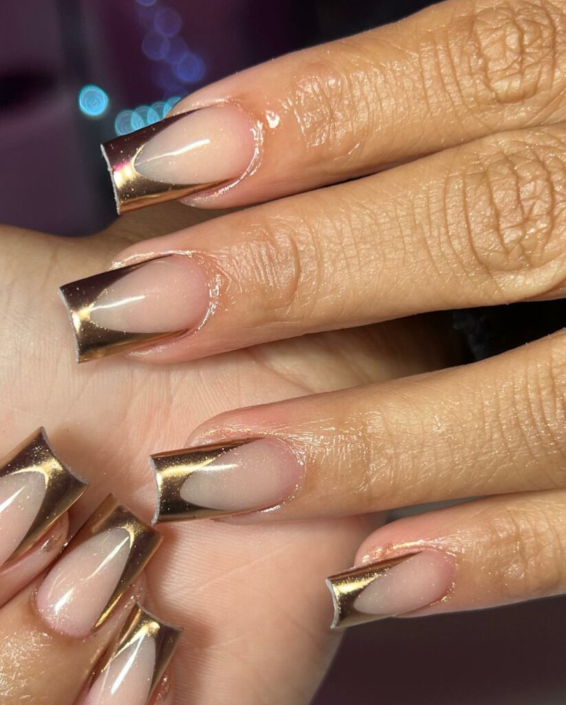 50 Latest V French Tip Coffin Nail Designs To Try In 2024! 58 Gold Metallic V French Tip Nails