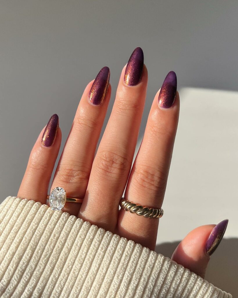 40 Latest Trendy Nail Ideas To Try In 2024! 37 Purple Almond Trendy Nails With Gold Glitter