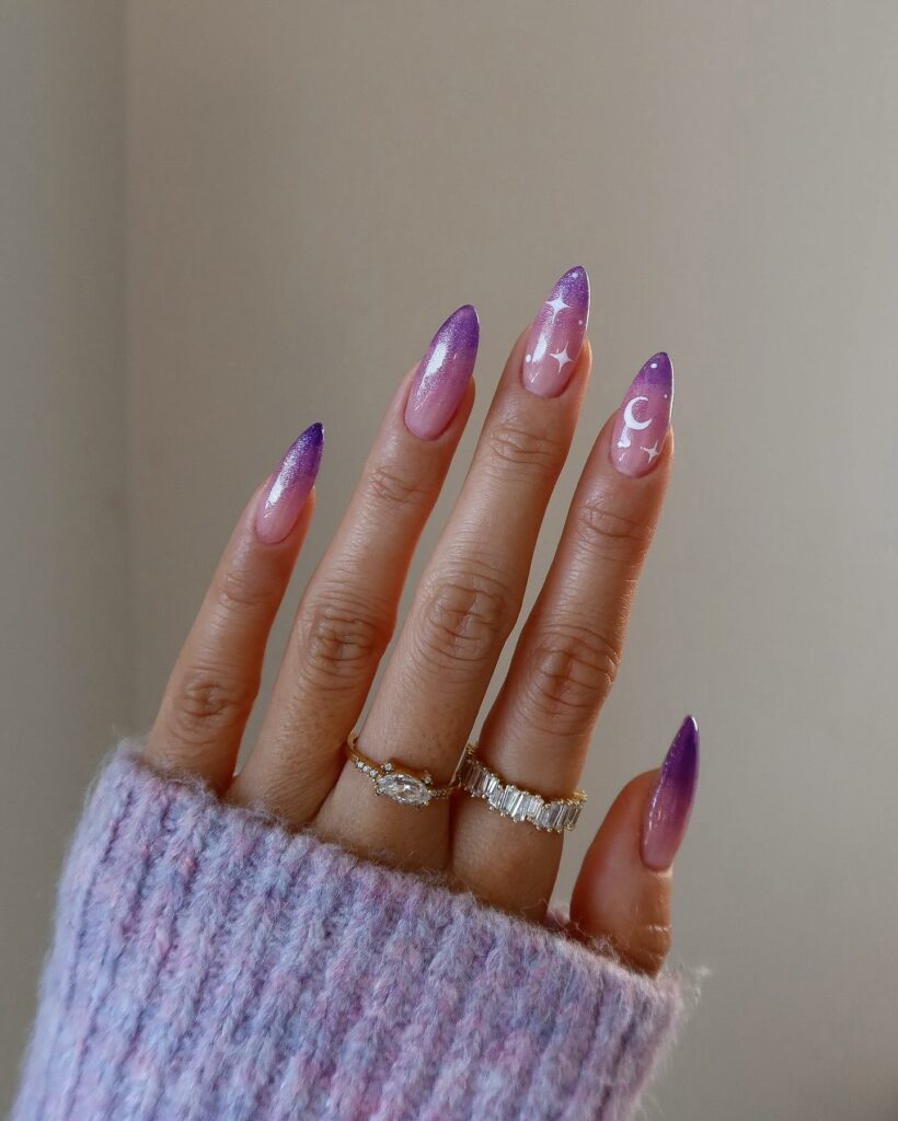 30 Latest Pink And Purple Nail Designs To Try In 2024! 12 Pink And Purple Nails With Moon And Stars Design