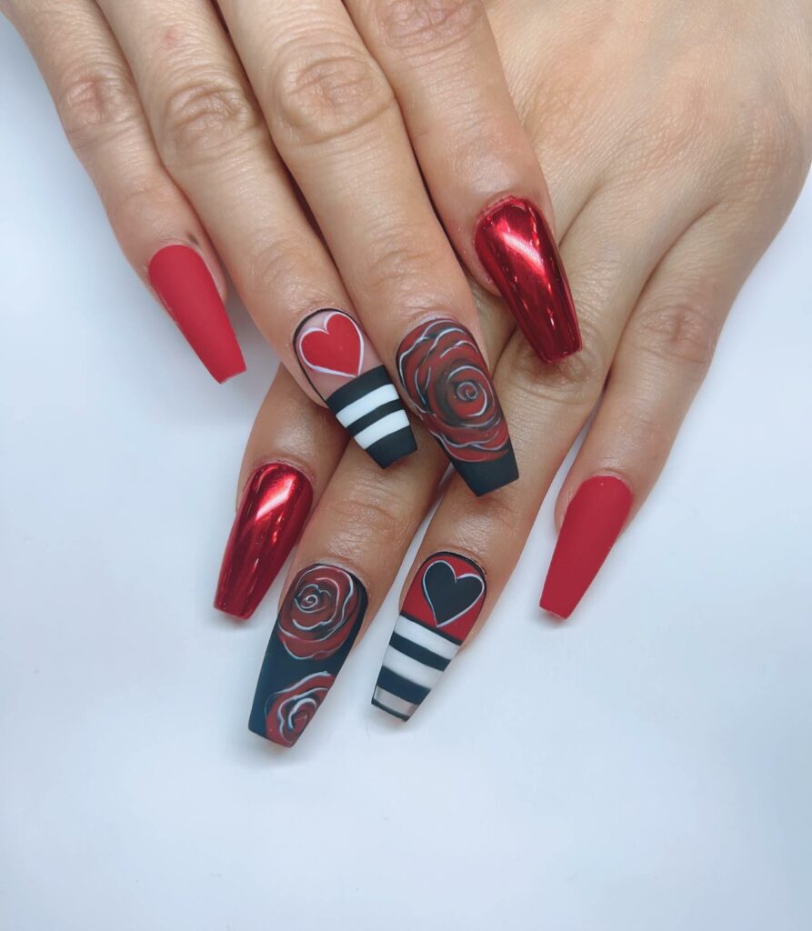 Go Bold with 40 Red Coffin Nail Designs in 2024 44 Red Coffin Nail With Heart And Rose