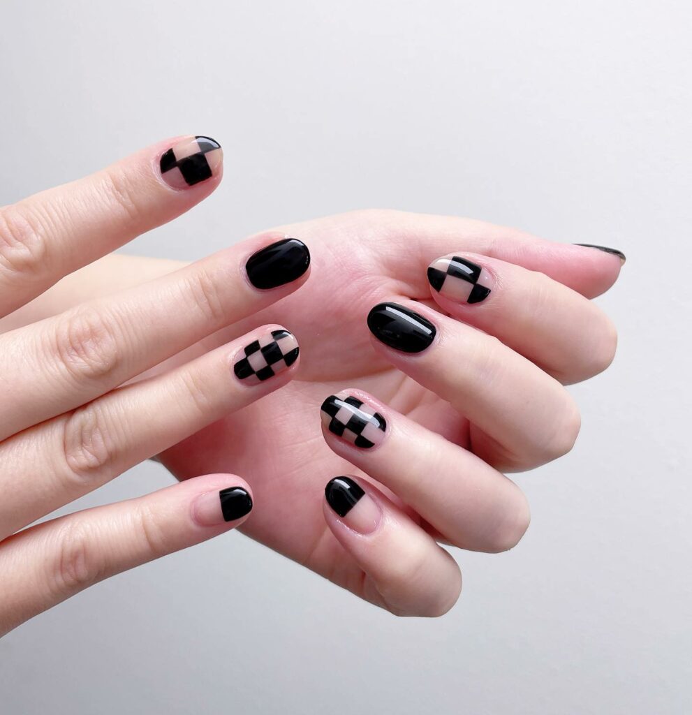 20 Latest Checkered Nail Designs To Try In 2024! 10 Black And Nude Checkered Short Nails