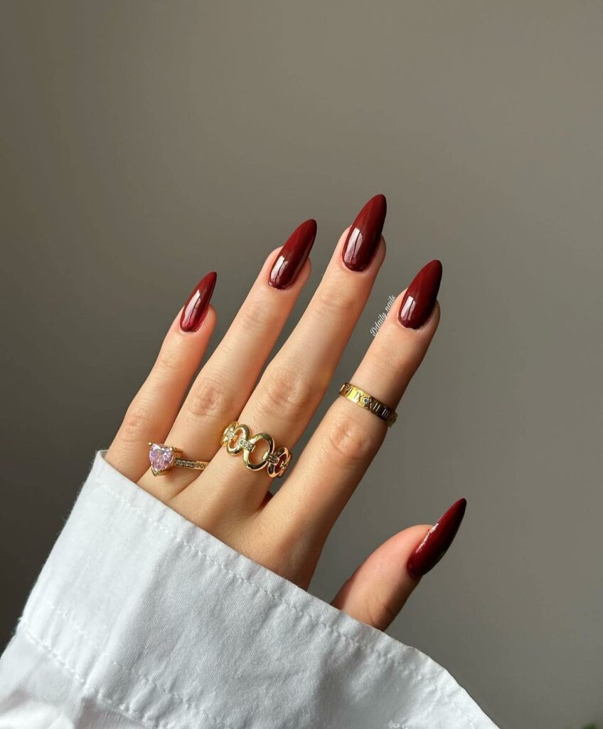 20 Latest Dark Red Nail Ideas To Try In 2024! 10 High Gloss Deep Red Almond Nails