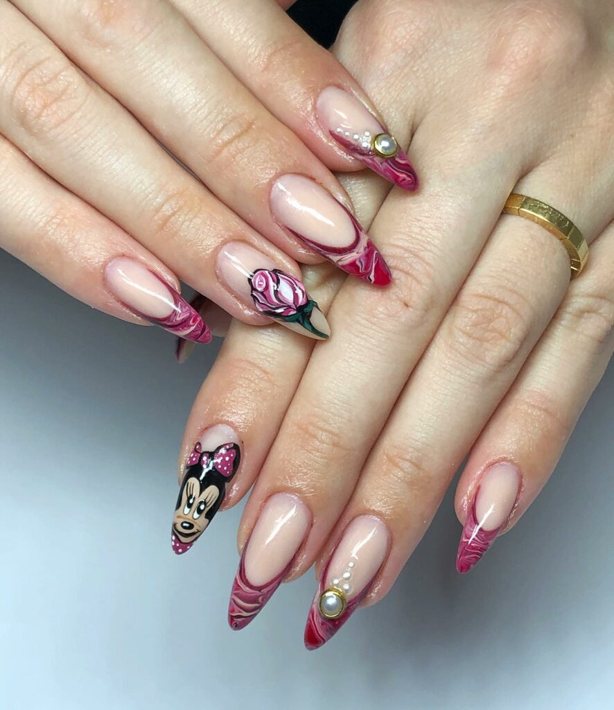 Embrace Childhood with 30 Minnie Mouse Nail Designs in 2024 38 Minnie Mouse Almond French Nails With White Pearls