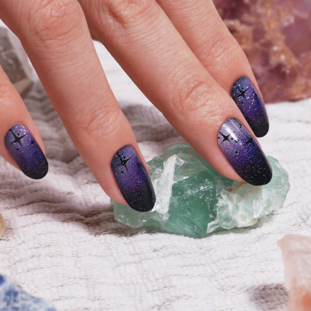 34 Latest Glossy Purple Nail Design Guides To Follow In 2024! 33 Starry Purple And Black Ombre Nail