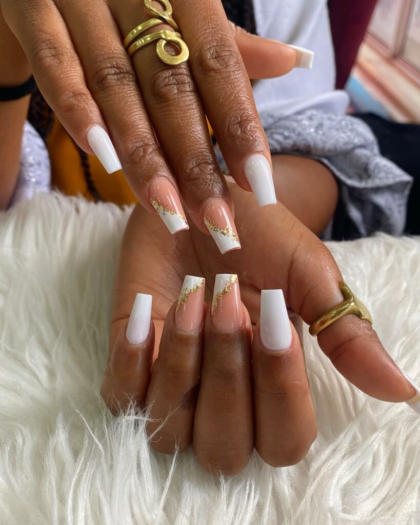 Try 50 Coffin French Tip Nail Designs in 2024 26 White & Gold Brilliance