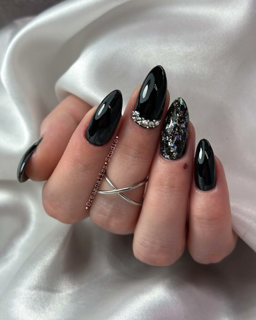 19 Latest Black Glitter Nail Designs To Try In 2024! 13 Black Glitter Nails With Rhinestones