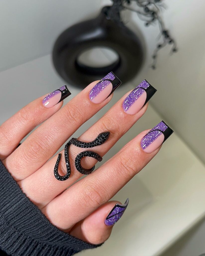 22 Latest Black And Purple Nail Ideas to Try in 2024! 15 Square Shaped Black French Nail With Purple Glitters