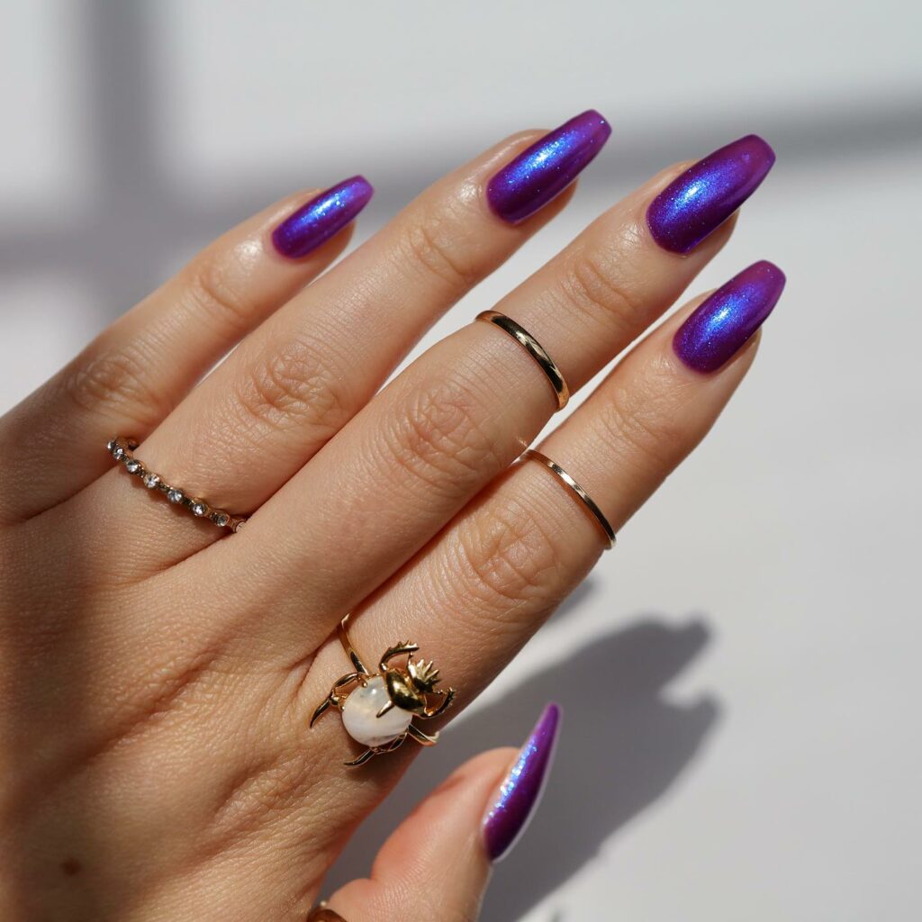 Explore 30 Purple Coffin Nail Designs in 2024 38 Metallic Dark Purple Coffin Nail