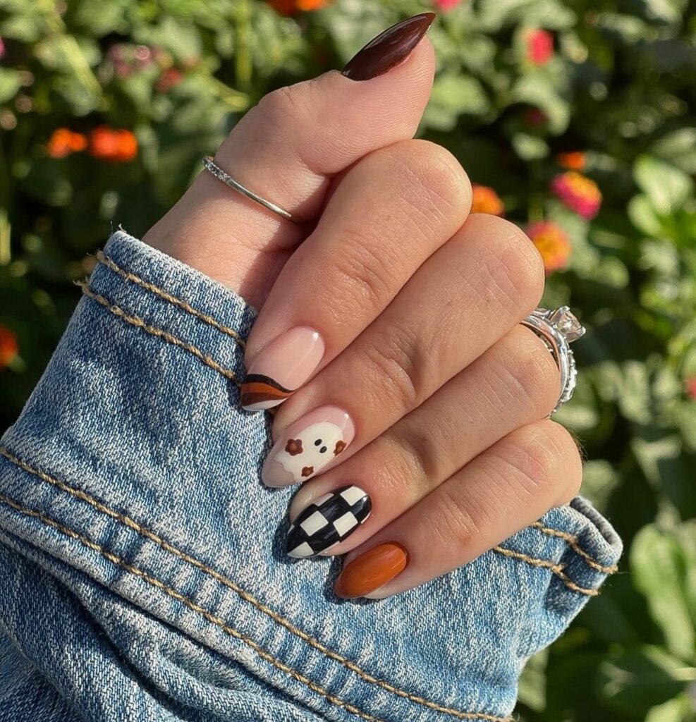 20 Latest Checkered Nail Designs To Try In 2024! 26 Checkered Nails With Cute Ghost Design