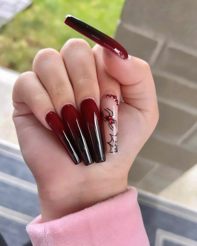 Go Bold with 40 Red Coffin Nail Designs in 2024 43 Red Ombre Nail Red Stones And Spider Design